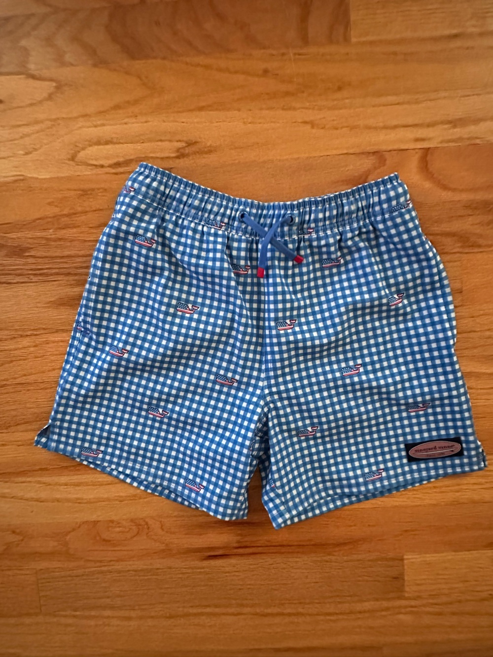 Vineyard vines Boys Blue Gingham Swim Shorts with Americana flag size s